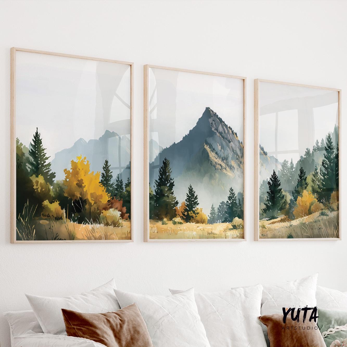 Mountain landscape wall art showcasing pine forests, foggy valleys and serene wilderness views