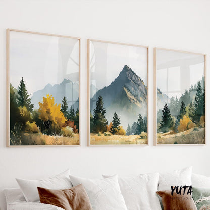 Mountain landscape wall art showcasing pine forests, foggy valleys and serene wilderness views