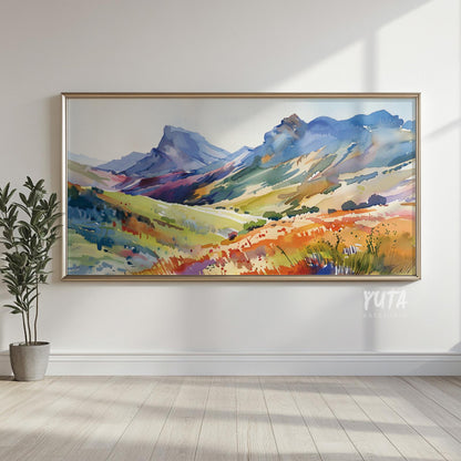 Mountain meadow wall art showcasing vibrant grasslands, colorful hills and panoramic mountain backdrops