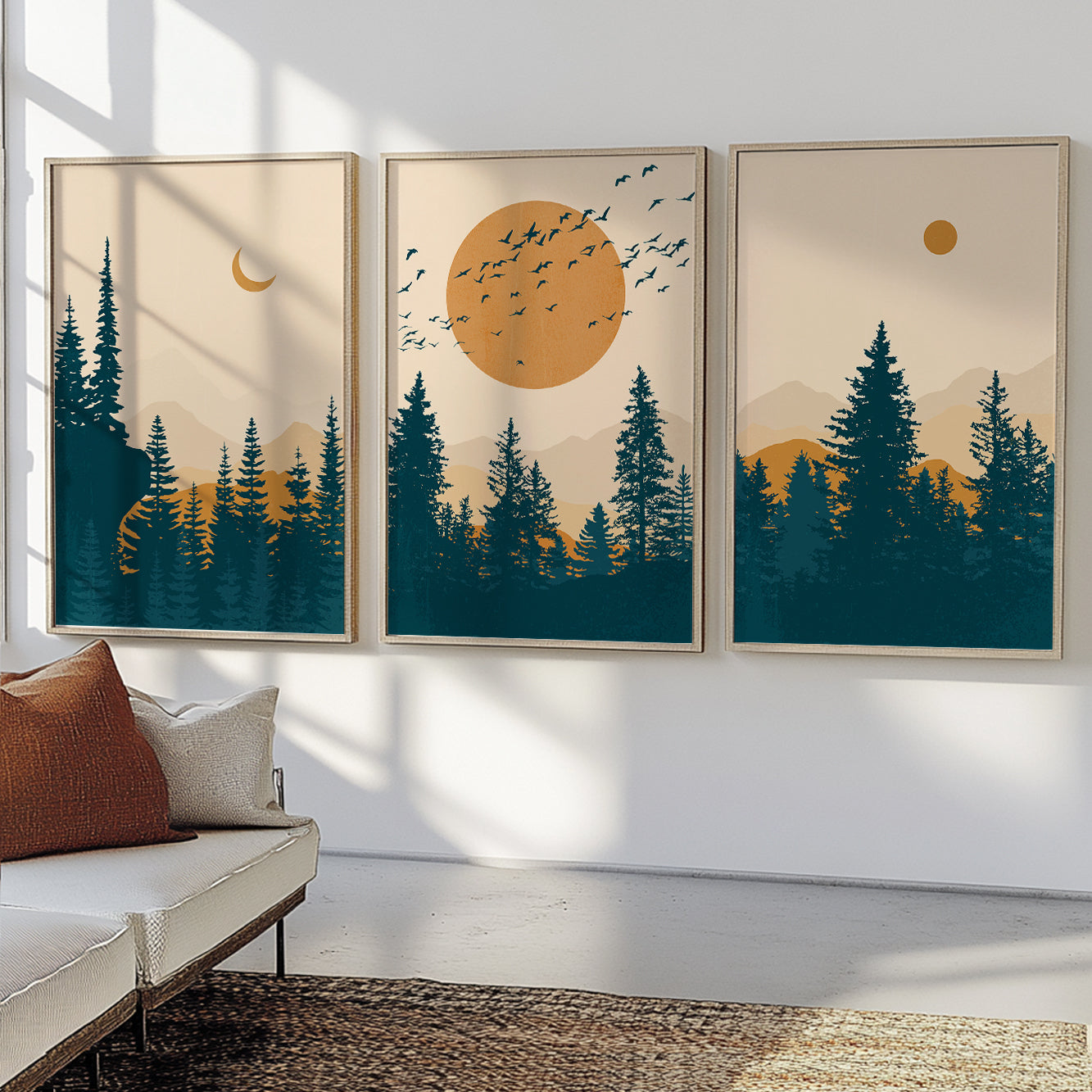 Modern mountain landscape gallery wall for living room décor