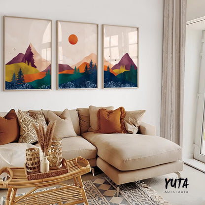 Set of 3 vibrant mountain prints. Abstract bright mountains modern gallery wall art. Colorful minimalist landscape aesthetic room decor