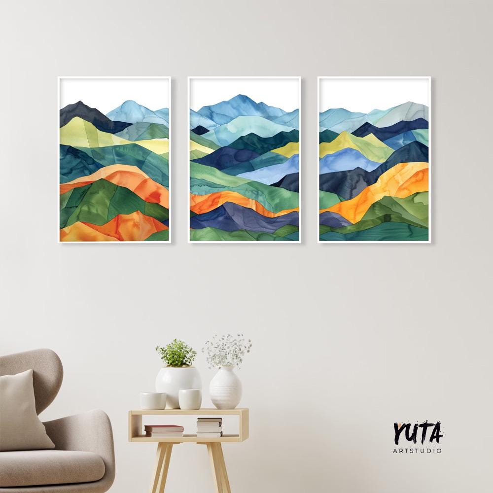 Colorful mountains wall art set of 3 prints, Mid century modern large wall art prints, abstract painting, aesthetic room decor