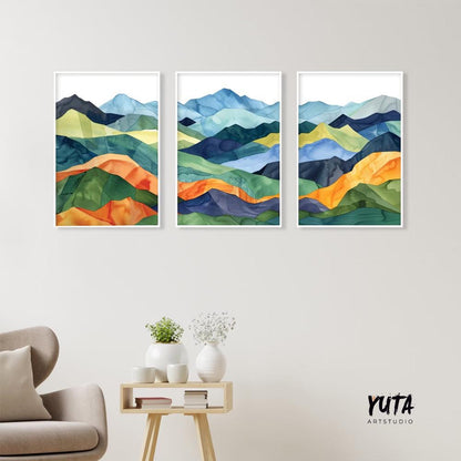 Colorful mountains wall art set of 3 prints, Mid century modern large wall art prints, abstract painting, aesthetic room decor