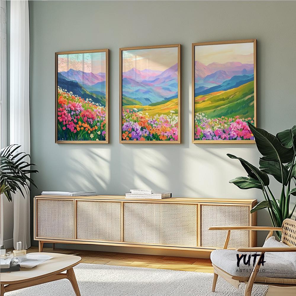 Colorful mountain wall art set of 3 print, mountain wild flowers landscape posters, modern boho nature gallery wall set, aestetic room decor