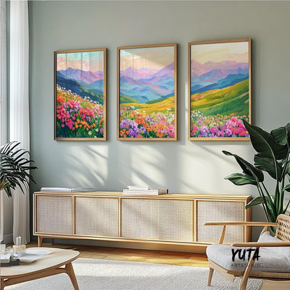 Colorful mountain wall art set of 3 print, mountain wild flowers landscape posters, modern boho nature gallery wall set, aestetic room decor