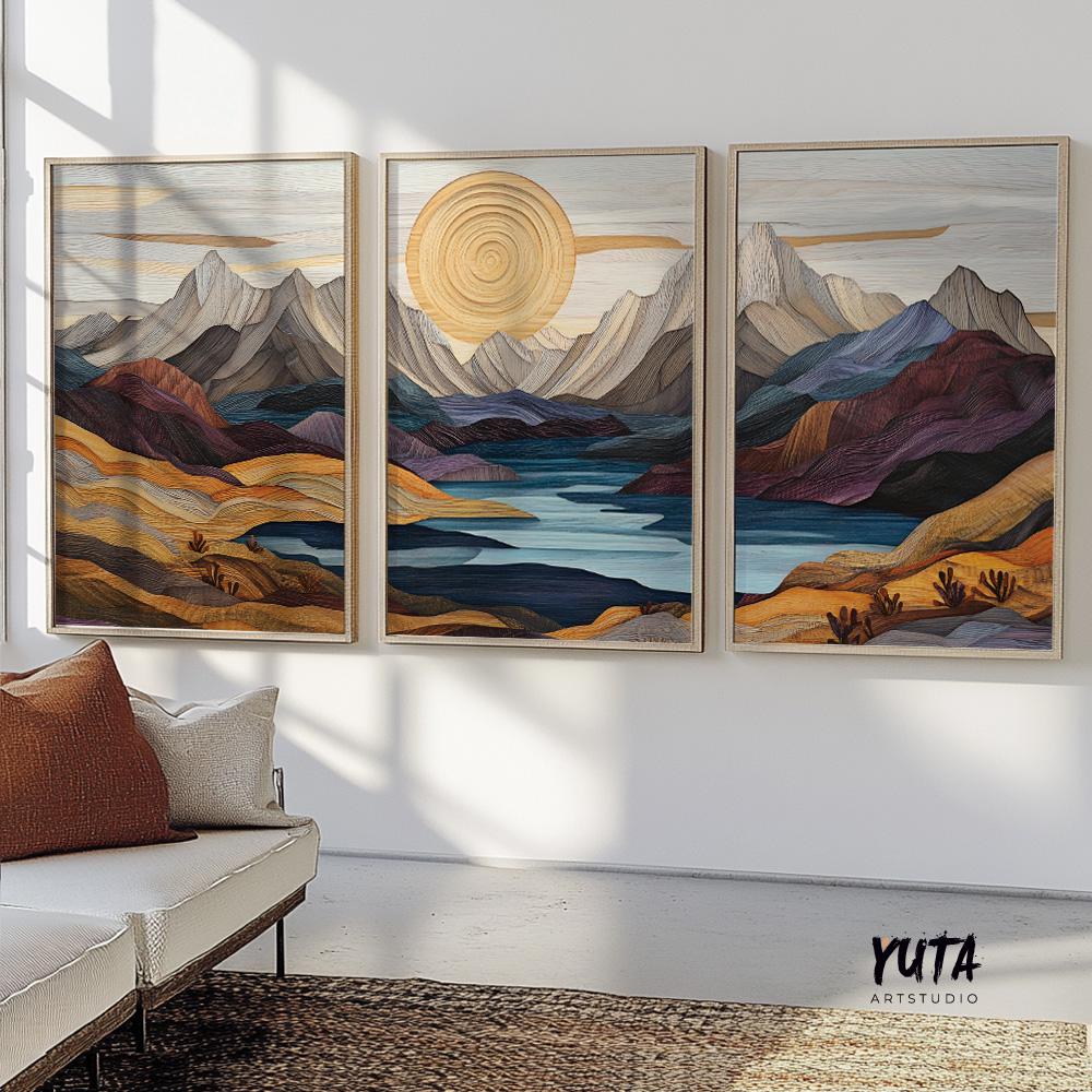 Mountain wall art featuring colorful alpine peaks, blue water reflections and contemporary landscape artwork
