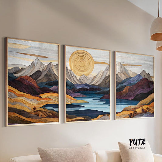Mountain wall art set featuring colorful mountain peaks, winding river landscape and contemporary nature inspired design