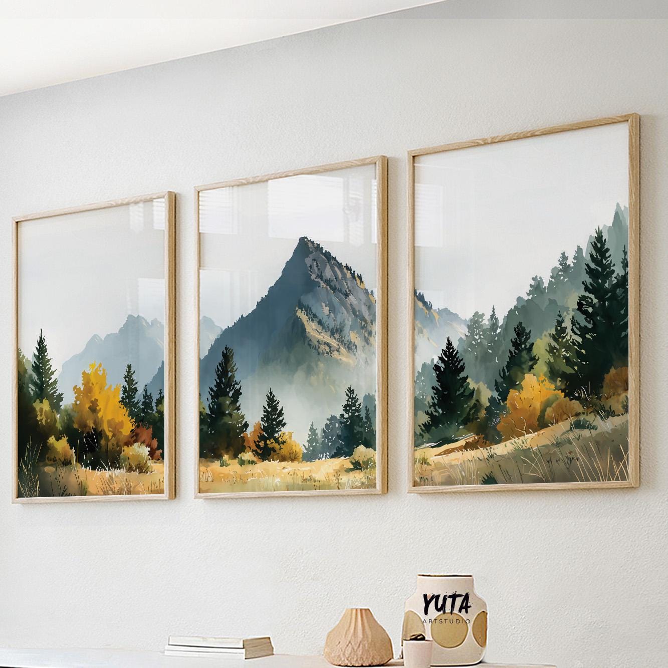 Mountain wall art set featuring misty alpine peaks, evergreen forests and soft watercolor landscape scenery