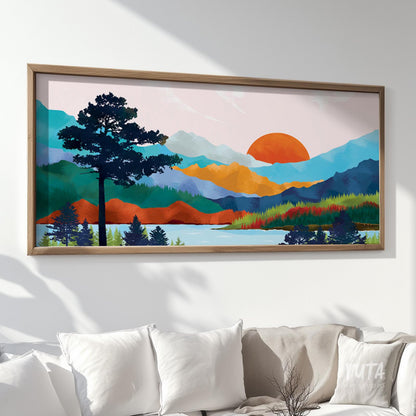 Mountain wall art showcasing a colorful sunset, layered mountain ranges and tranquil lake views