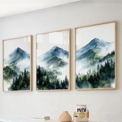Mountain wall art triptych showcasing fog covered peaks, pine forests and peaceful wilderness views
