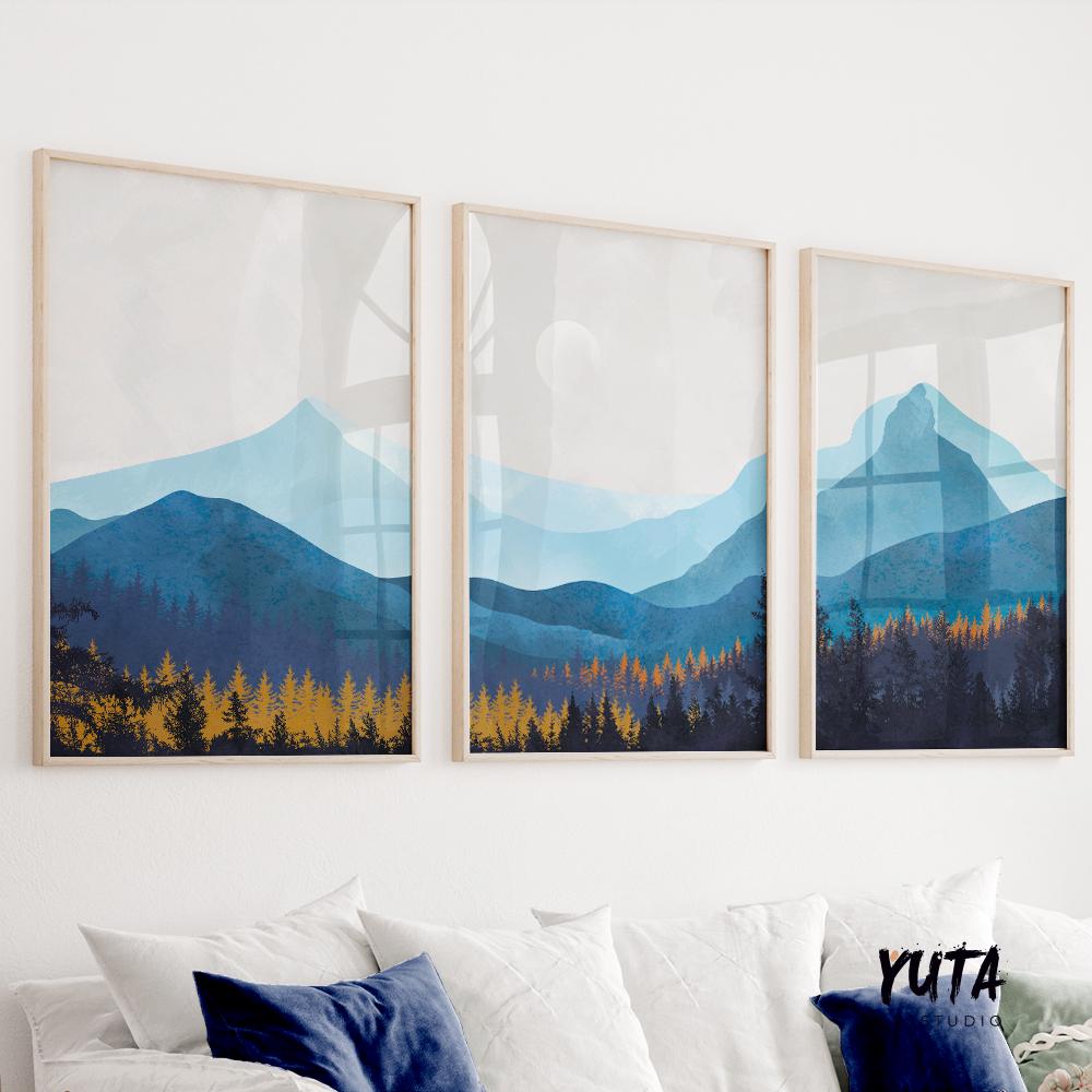 Navy blue mountain wall art set of 3 print. Nature gallery wall set, modern minimalist aesthetic room decor, Scandy living room posters