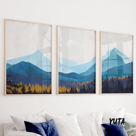 Navy blue mountain wall art set of 3 print. Nature gallery wall set, modern minimalist aesthetic room decor, Scandy living room posters