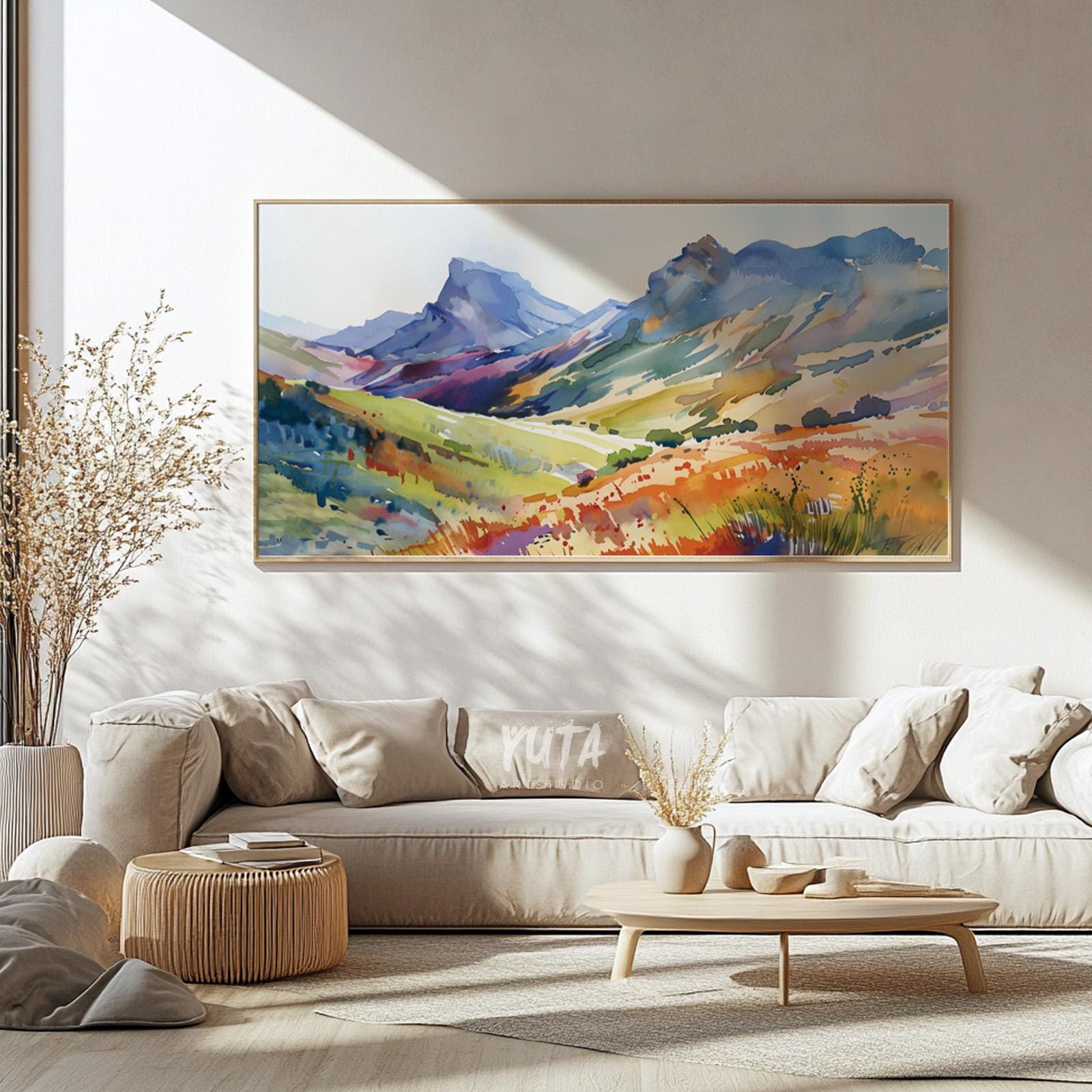 Mountain wall decor featuring vibrant watercolor landscapes, rolling valleys and scenic alpine views