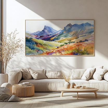 Mountain wall decor featuring vibrant watercolor landscapes, rolling valleys and scenic alpine views