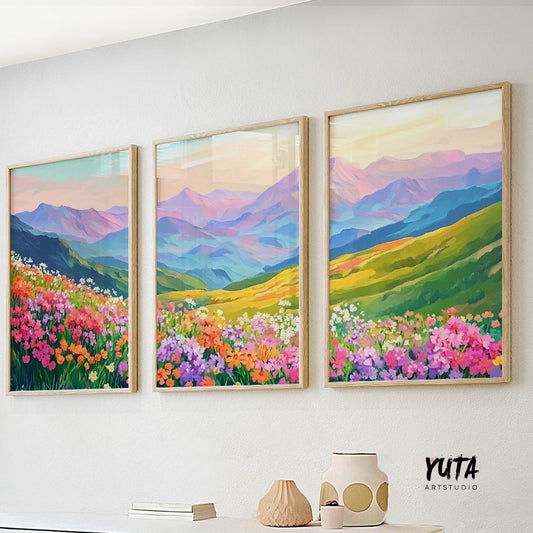 Colorful mountain wall art set of 3 print, mountain wild flowers landscape posters, modern boho nature gallery wall set, aestetic room decor