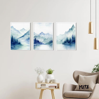 Navy blue mountain set of 3 prints. Modern watercolor minimalist landscape gallery wall set.  Nature 3 piece wall art, nordic abstract print