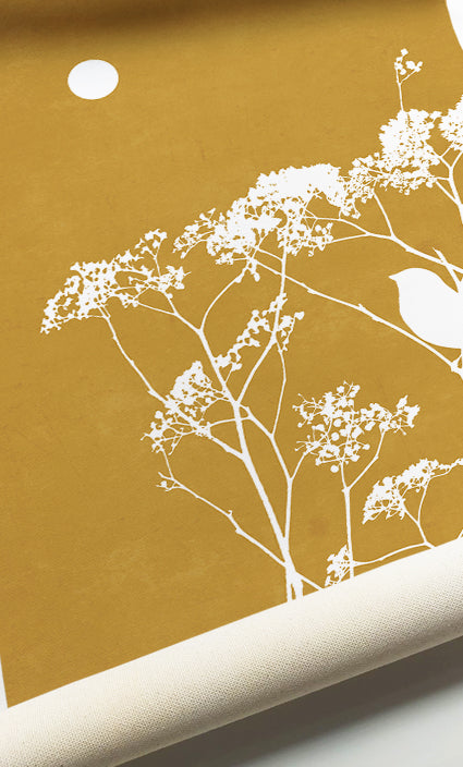 Contemporary botanical wall art with mustard watercolor backgrounds and white botanical illustrations