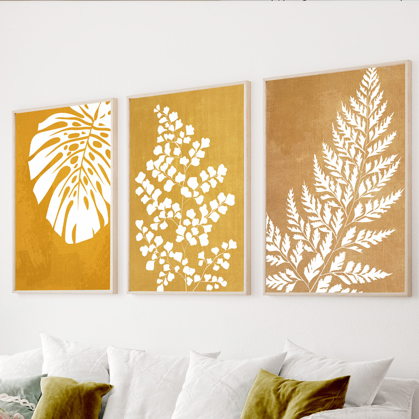 Mustard botanical wall art set featuring tropical monstera leaf and botanical foliage