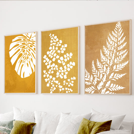 Mustard botanical wall art set featuring tropical monstera leaf and botanical foliage