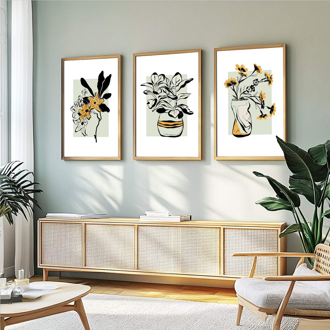 Contemporary botanical wall art featuring leafy plants and floral arrangements