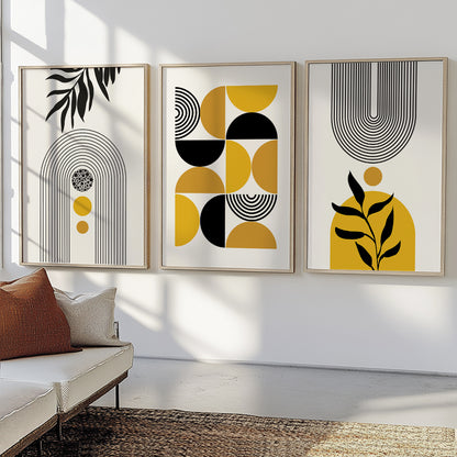 Modern geometric gallery wall featuring golden yellow, black, and ivory abstract artwork