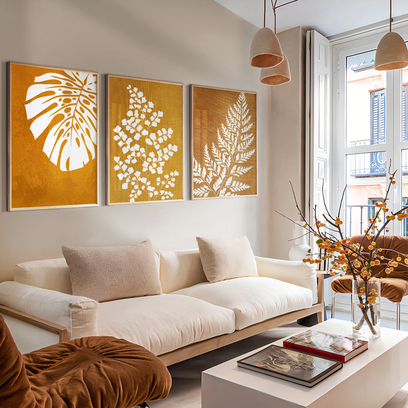Warm yellow botanical wall art with tropical leaf silhouettes for modern interiors