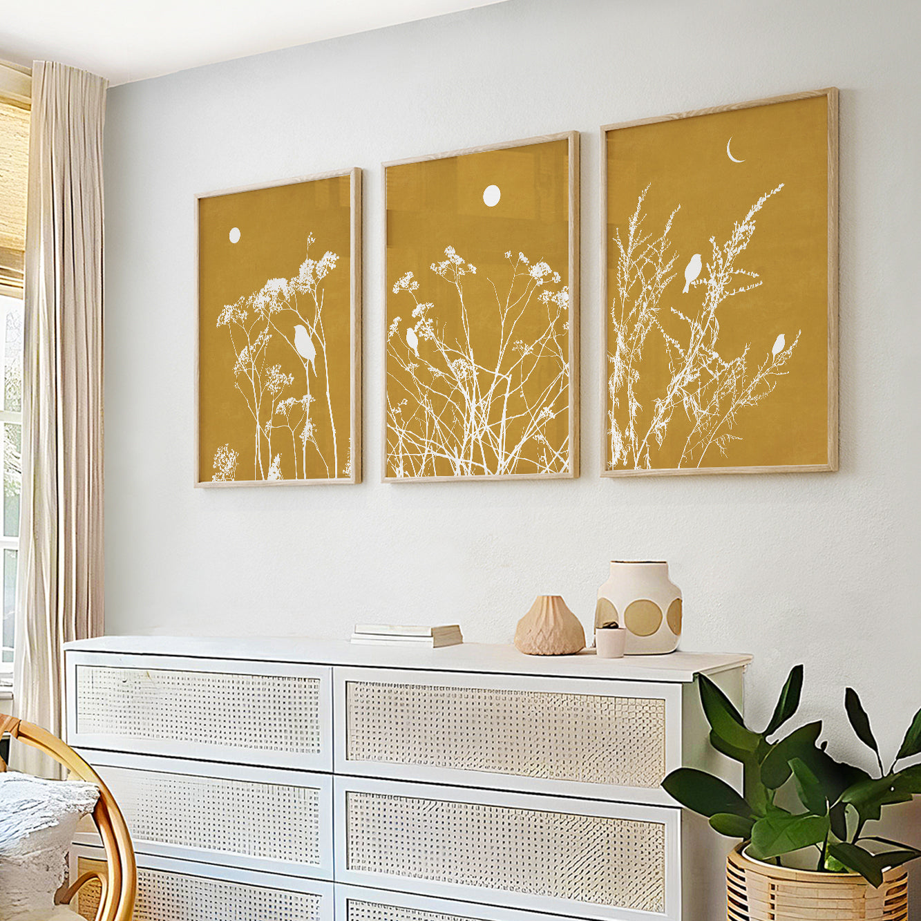 Botanical bird prints with delicate meadow flowers in mustard yellow and white tones