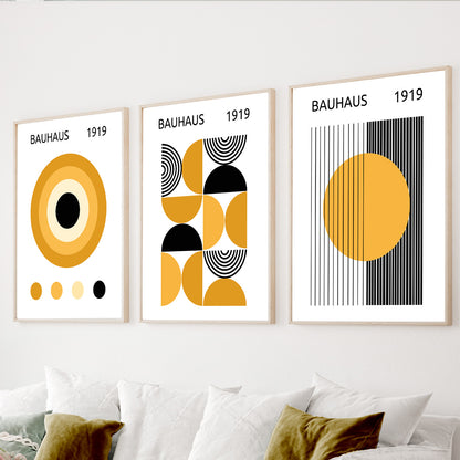 Mustard yellow Bauhaus wall art set of 3 with geometric abstract designs