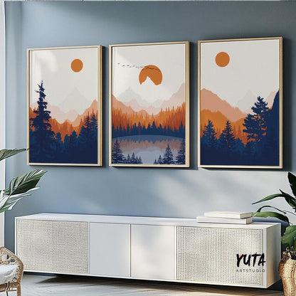 National park inspired wall art featuring evergreen forests, mountain peaks and a warm sunset over a peaceful landscape