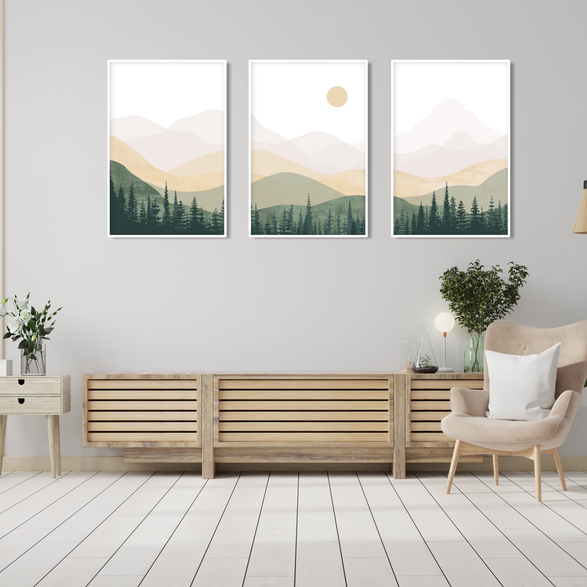 Neutral green beige abstract mountains set of 3 prints. Mid century modern minimalist nature room decor aesthetic boho gallery wall set