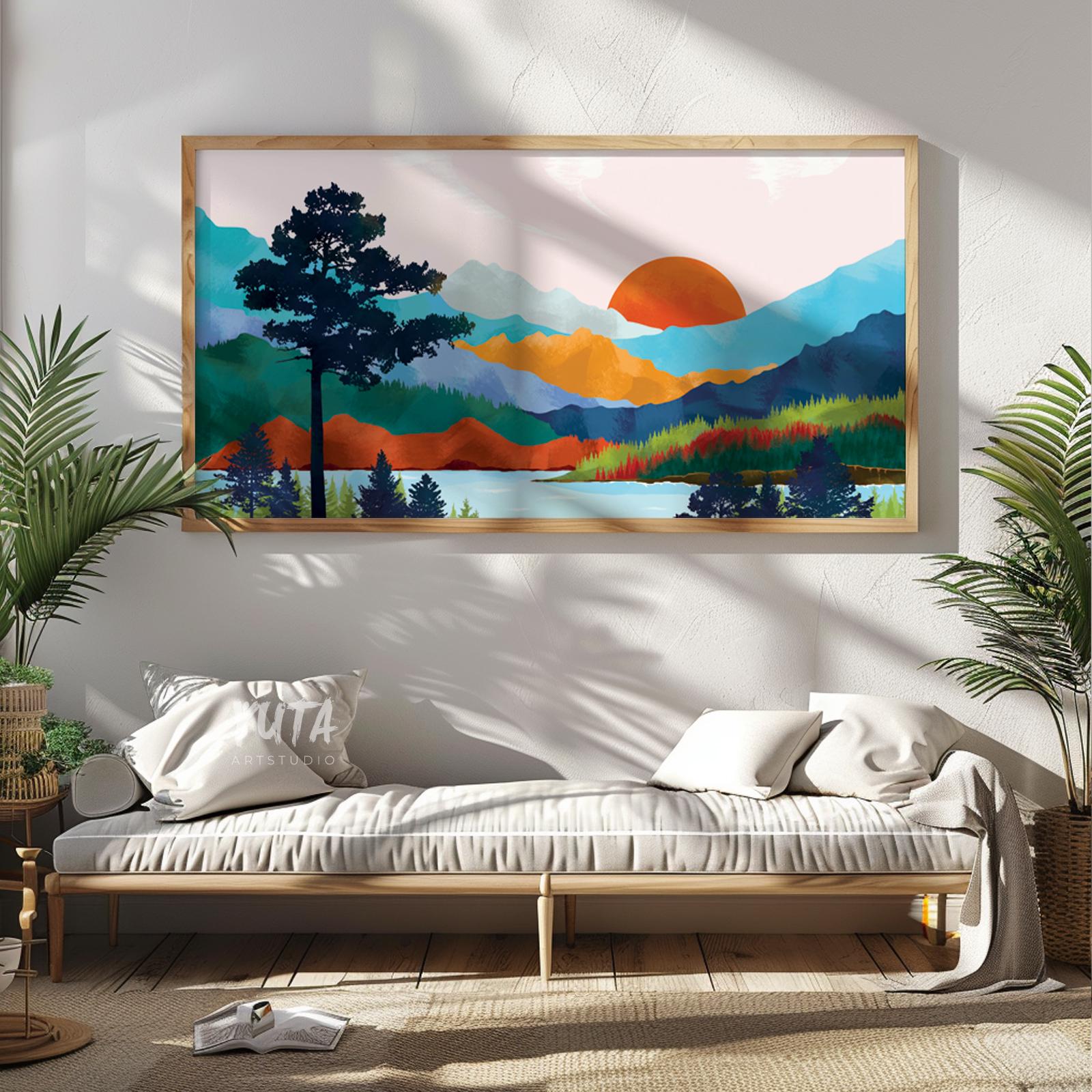 Nature wall art showcasing colorful mountain peaks, reflective water and dramatic sunset skies