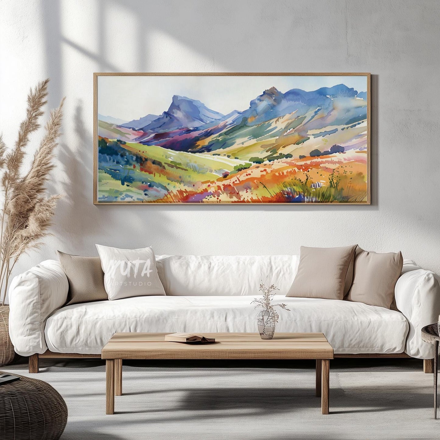 Nature wall art featuring colorful mountain scenery, rolling hills and contemporary watercolor landscape design