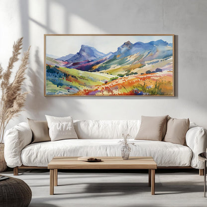 Nature wall art featuring colorful mountain scenery, rolling hills and contemporary watercolor landscape design
