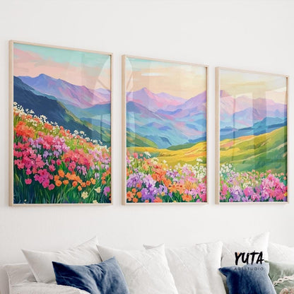 Colorful mountain wall art set of 3 print, mountain wild flowers landscape posters, modern boho nature gallery wall set, aestetic room decor