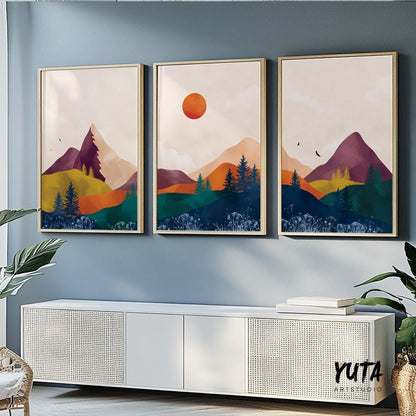 Set of 3 vibrant mountain prints. Abstract bright mountains modern gallery wall art. Colorful minimalist landscape aesthetic room decor