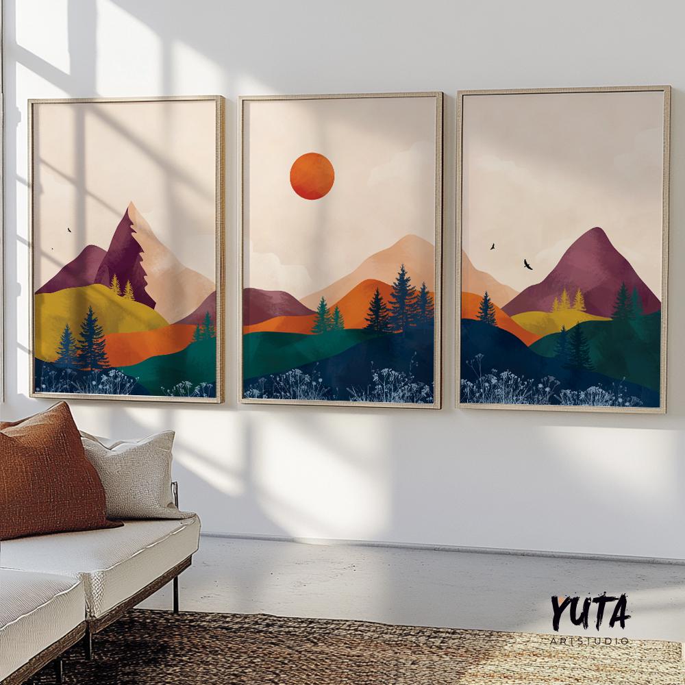 Set of 3 vibrant mountain prints. Abstract bright mountains modern gallery wall art. Colorful minimalist landscape aesthetic room decor