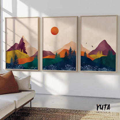 Set of 3 vibrant mountain prints. Abstract bright mountains modern gallery wall art. Colorful minimalist landscape aesthetic room decor