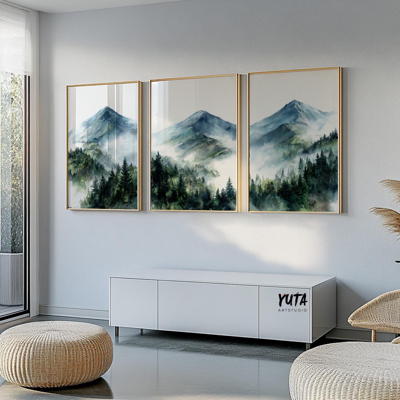 Nature wall art featuring misty mountain scenery, evergreen forests and calming wilderness views