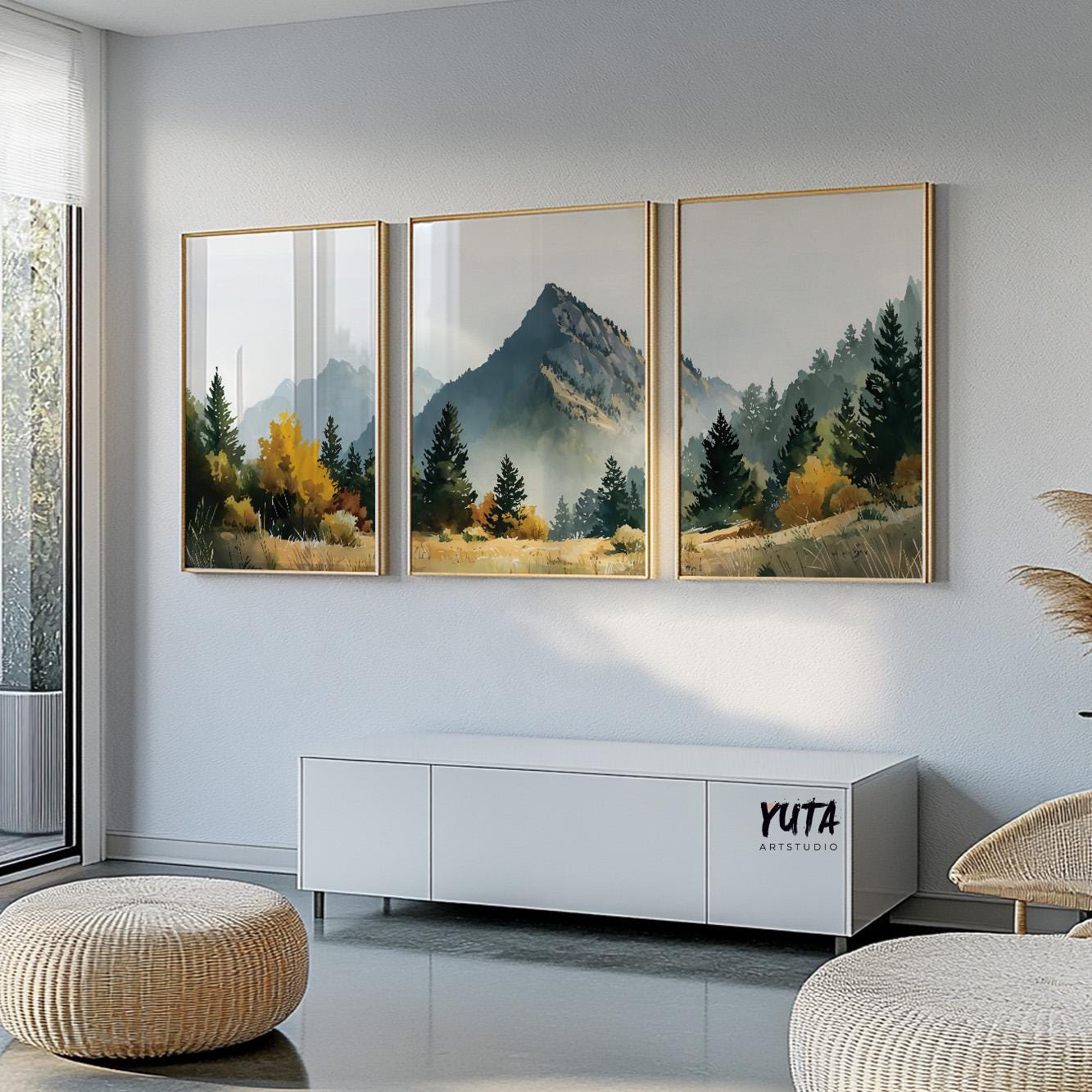 Nature wall art featuring misty mountains, pine forests and peaceful wilderness scenery