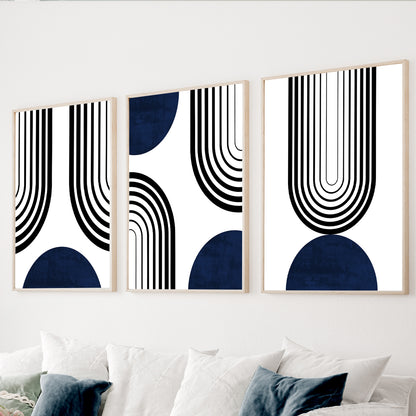 Navy blue Bauhaus wall art set of 3 with geometric abstract design