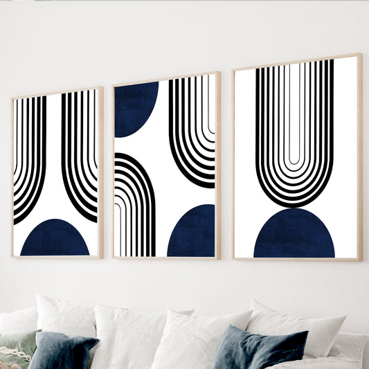 Navy blue Bauhaus wall art set of 3 with geometric abstract design