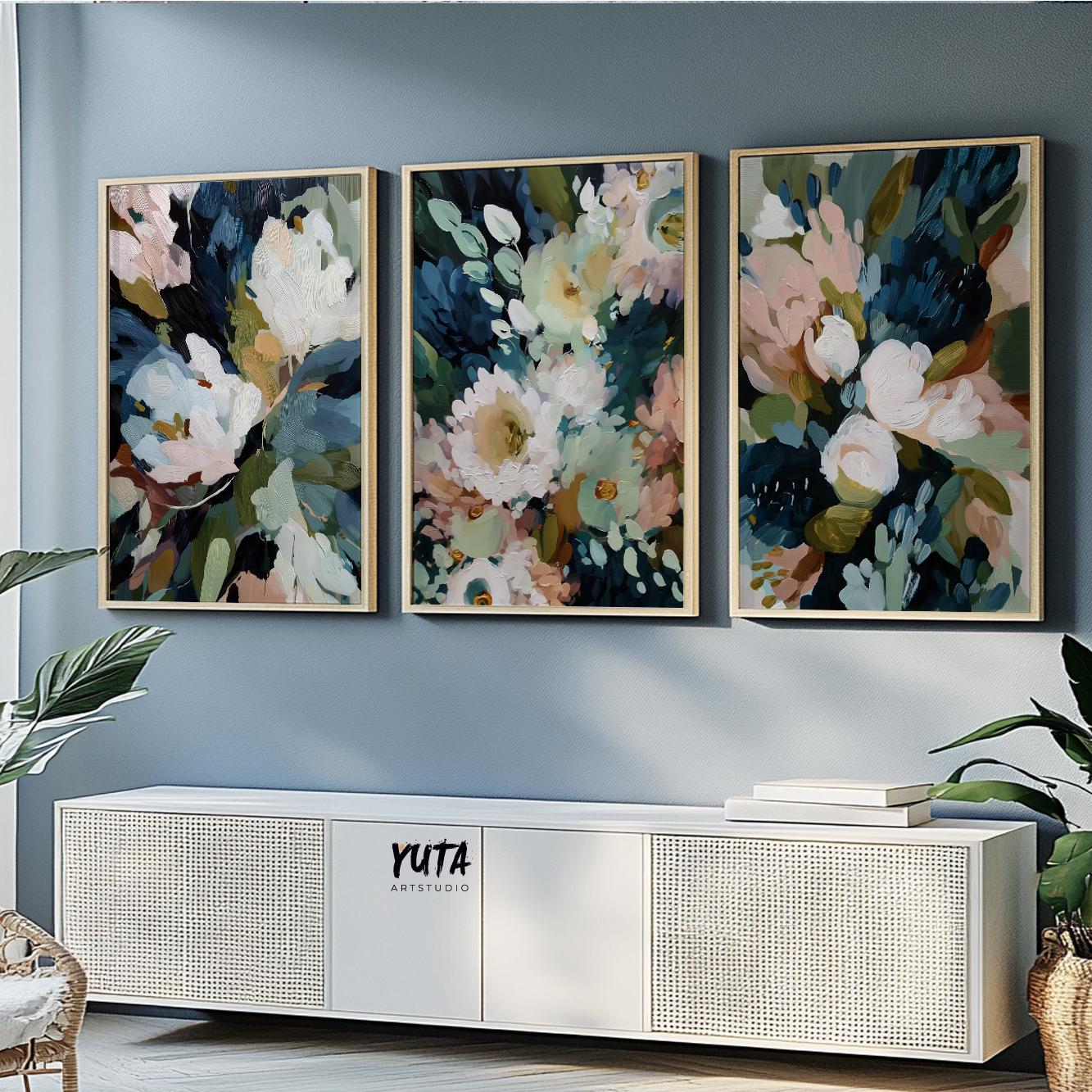 botanical wall art featuring navy, green and cream hues