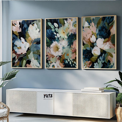 botanical wall art featuring navy, green and cream hues