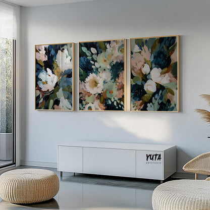 Contemporary moody floral artwork in rich blue and green tones