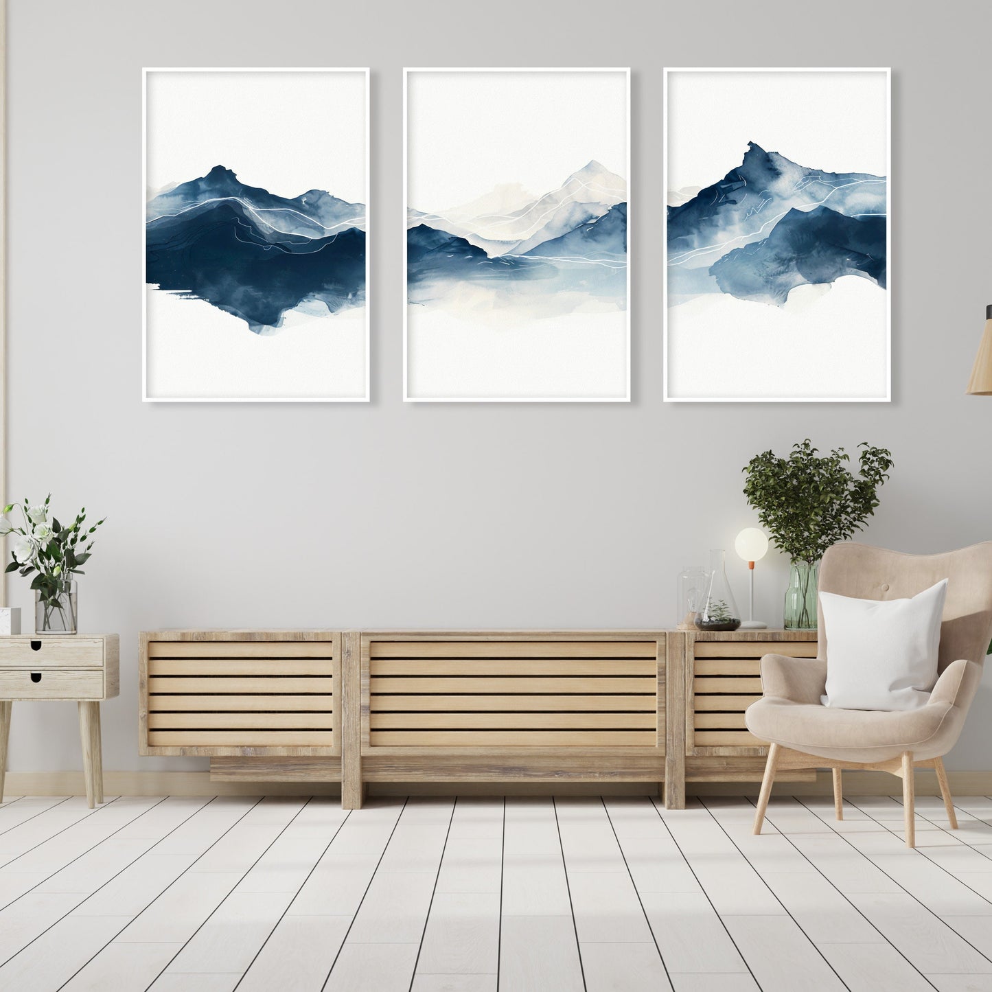 Navy blue abstract mountain set of 3 prints. Modern minimalist landscape gallery wall set.  Nature 3 piece wall art, blue nordic print