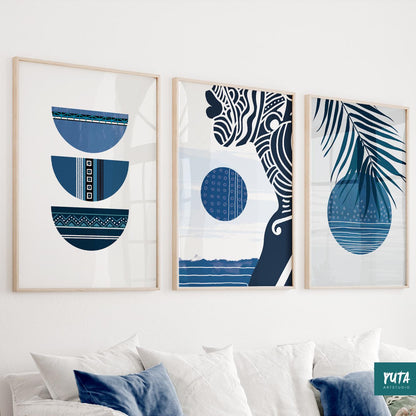 Navy blue wall art gallery set with botanical leaves, geometric patterns and contemporary abstract design