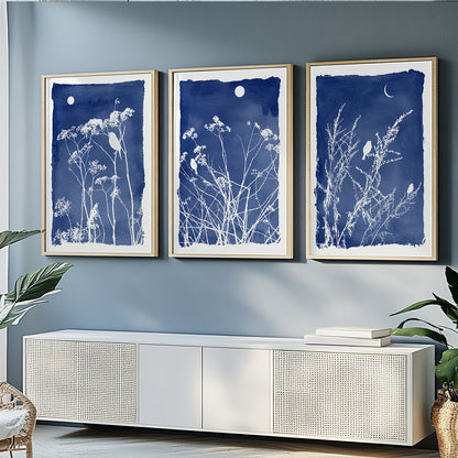 Modern botanical bird prints with delicate meadow flowers in deep blue and white tones