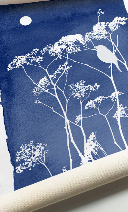 Blue botanical prints inspired by peaceful meadow landscapes and nature