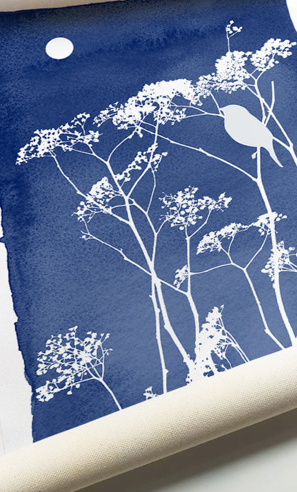 Blue botanical prints inspired by peaceful meadow landscapes and nature