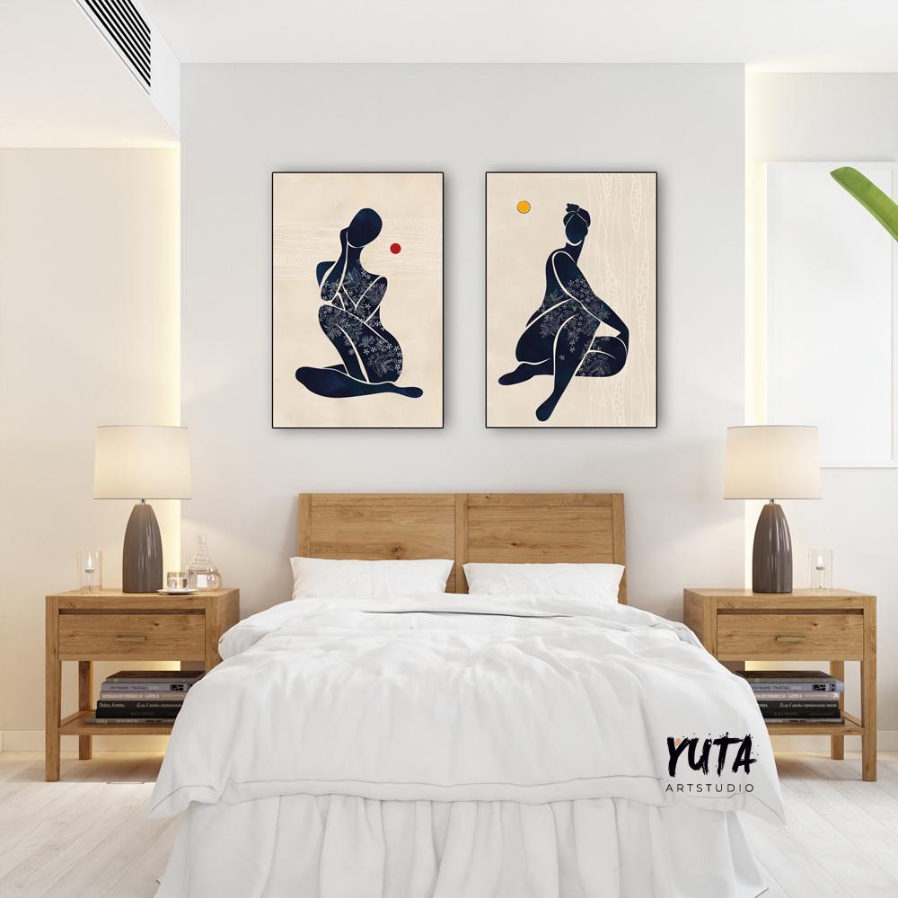 Neutral modern african american art print set of 2 black woman above bed wall art, abstract girl figures minimalist posters